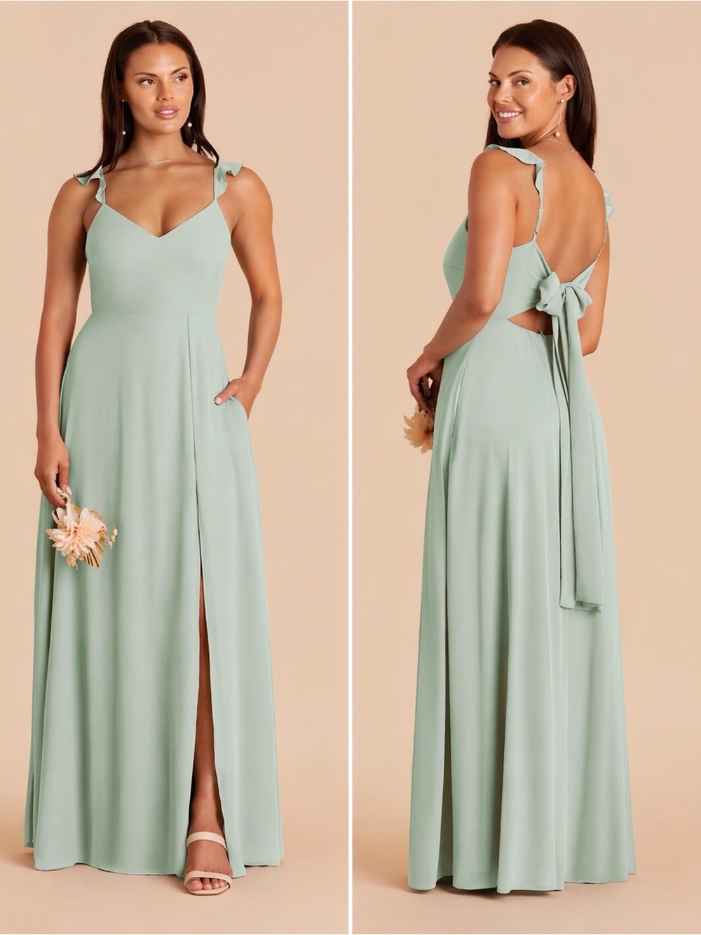 Birdy Grey Doris Sage Green Chiffon Maxi Dress Tie Back Bridesmaid M